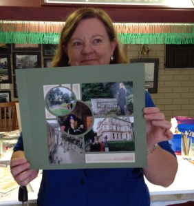 Evelyn with her fabulous Reve page - finished with a brick deco stencil.