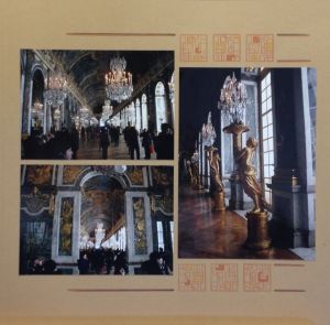 Hall of Mirrors, Versailles Palace, Paris. Stamped square pattern coloured with chalk pencils.