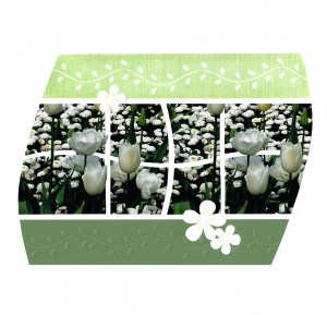 Flowers - embossed bottom paper, embossing stencil used as decoration stencil and pattern rubbed out in the top panel, flowers embossed on white paper, coloured with chalk pencil and cut out - fiddly but more effective than a silhouette figure.